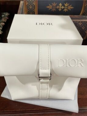 Dior White Embossed Leather Roll Pouch with Silver Buckle